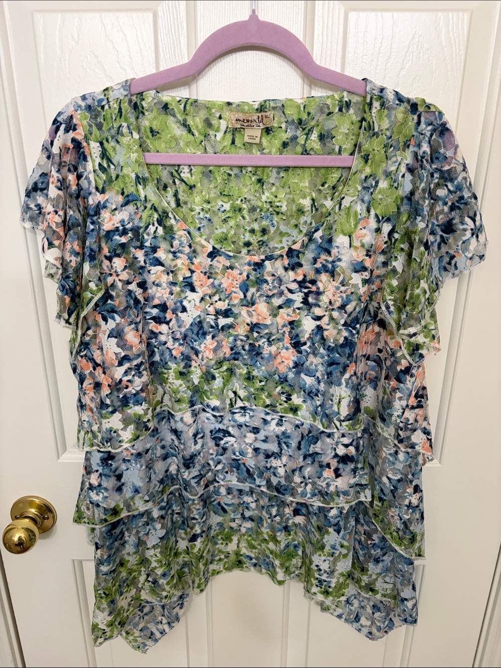 ONE WORLD Green Blue Floral Tiered Flutter Blouse